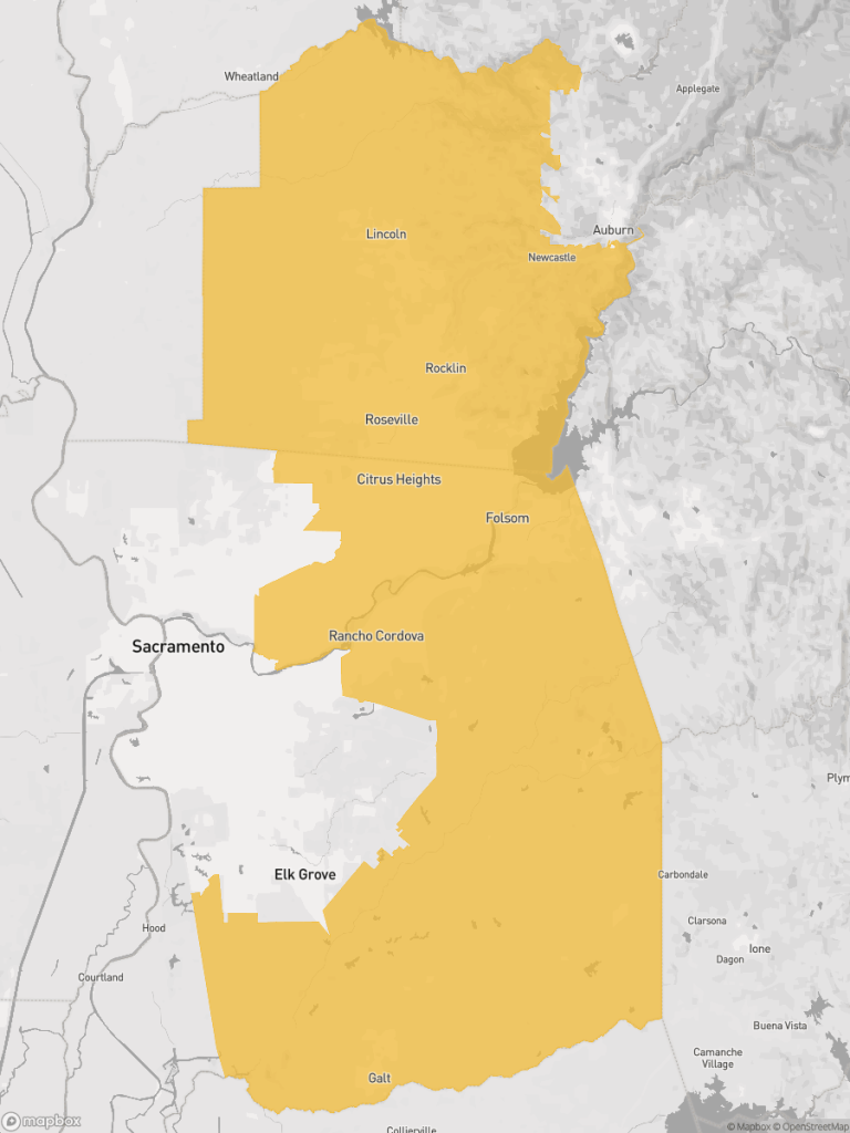 View of map with yellow overlay for Senate District 6 boundaries.