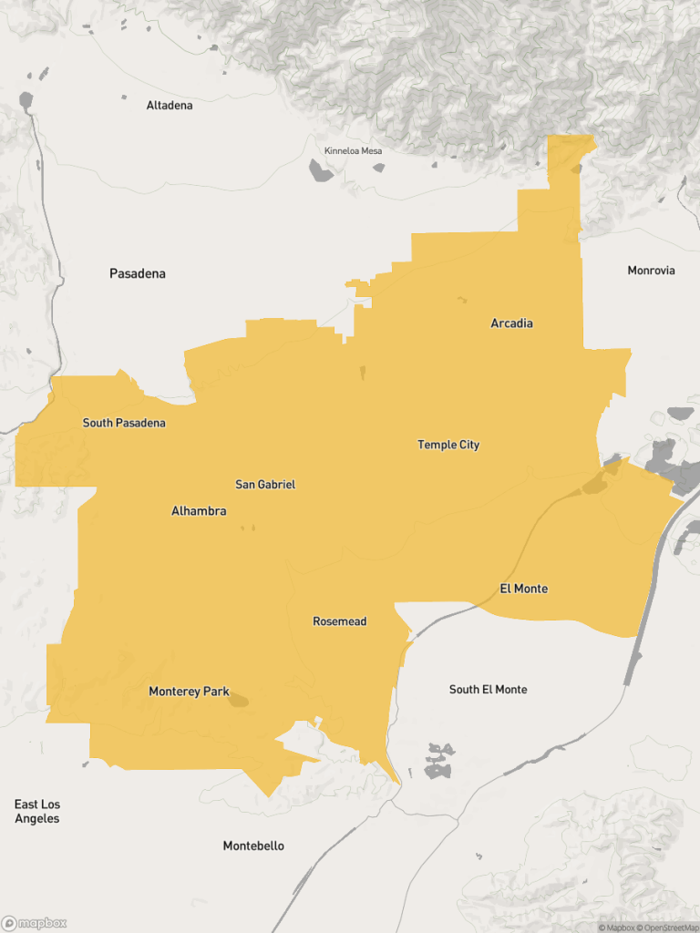 View of map with yellow overlay for Assembly District 49 boundaries.