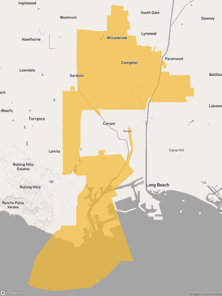 View of map with yellow overlay for Assembly District 65 boundaries.