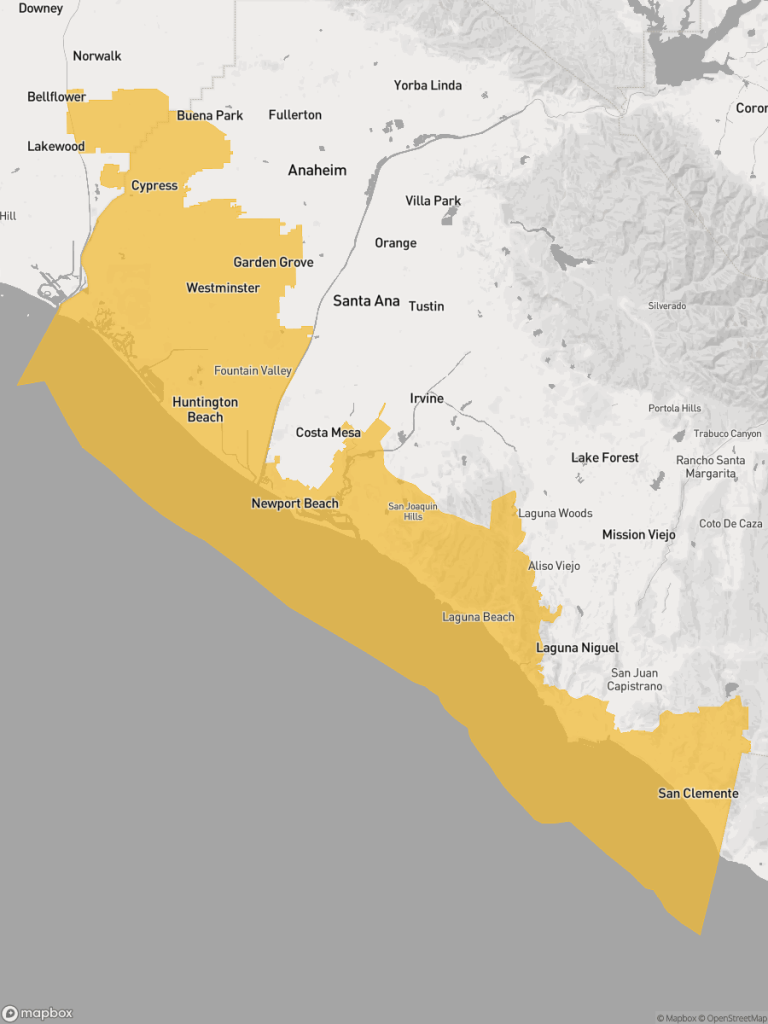 View of map with yellow overlay for Senate District 36 boundaries.